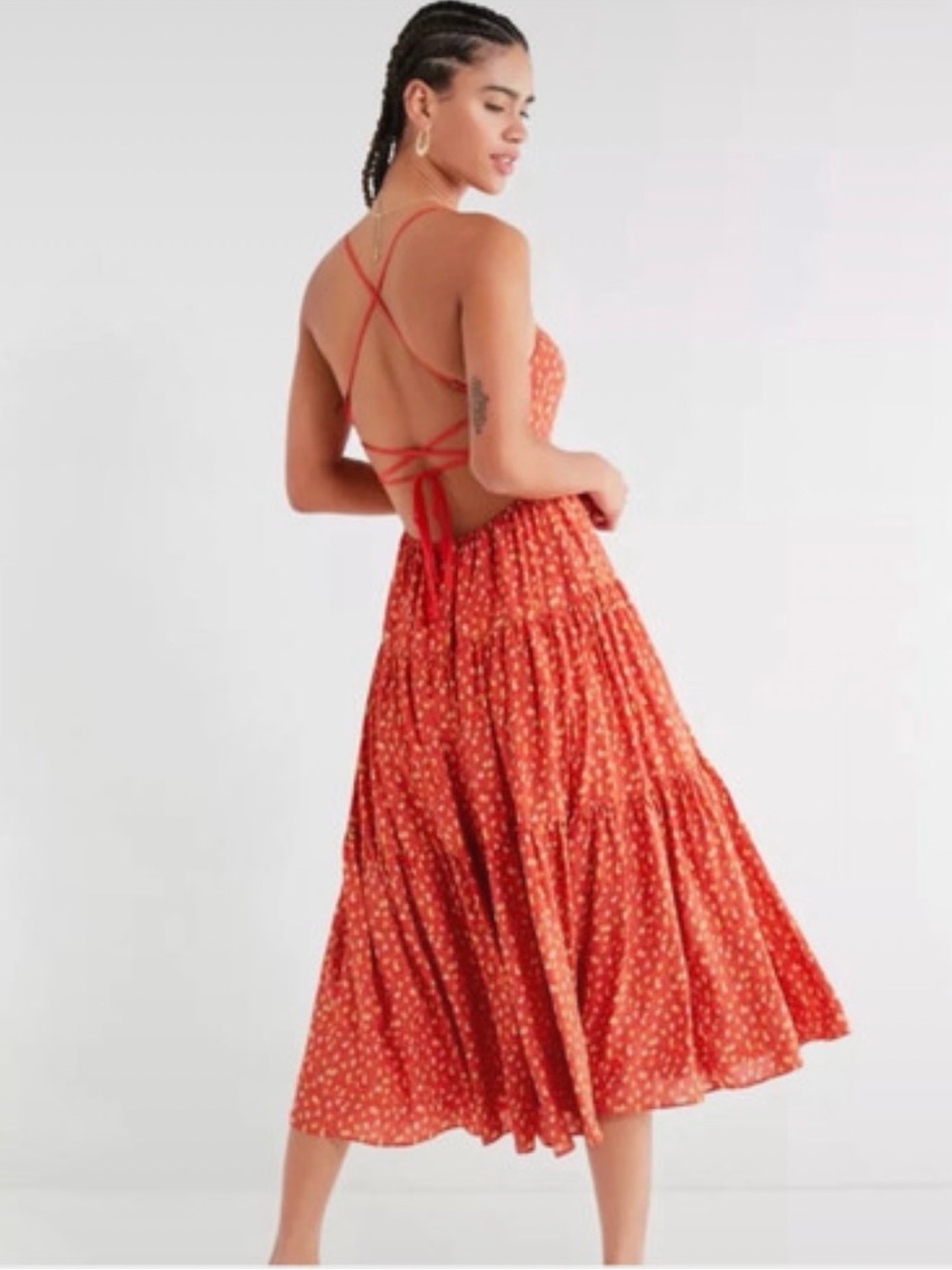 Urban Outfitters Orange Floral Tiered Backless Midi Dress